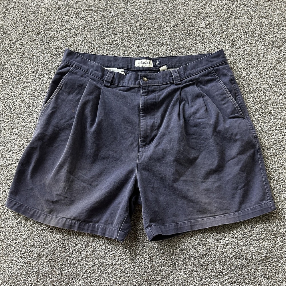 Gap Chino Shorts Mens 38 Blue Cotton Canvas Relaxed Fit Pleated Casual Summer